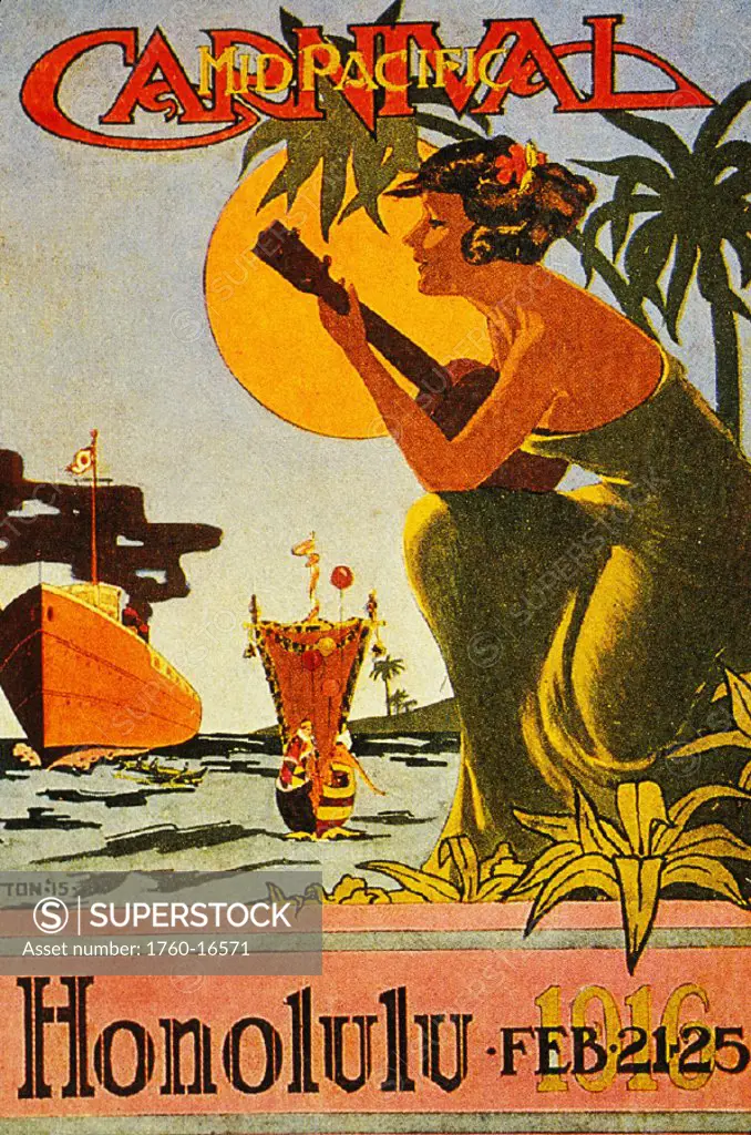 c.1925 Sheet Music, Hawaiian hula girl playing ukulele to greet incoming oceanliner.