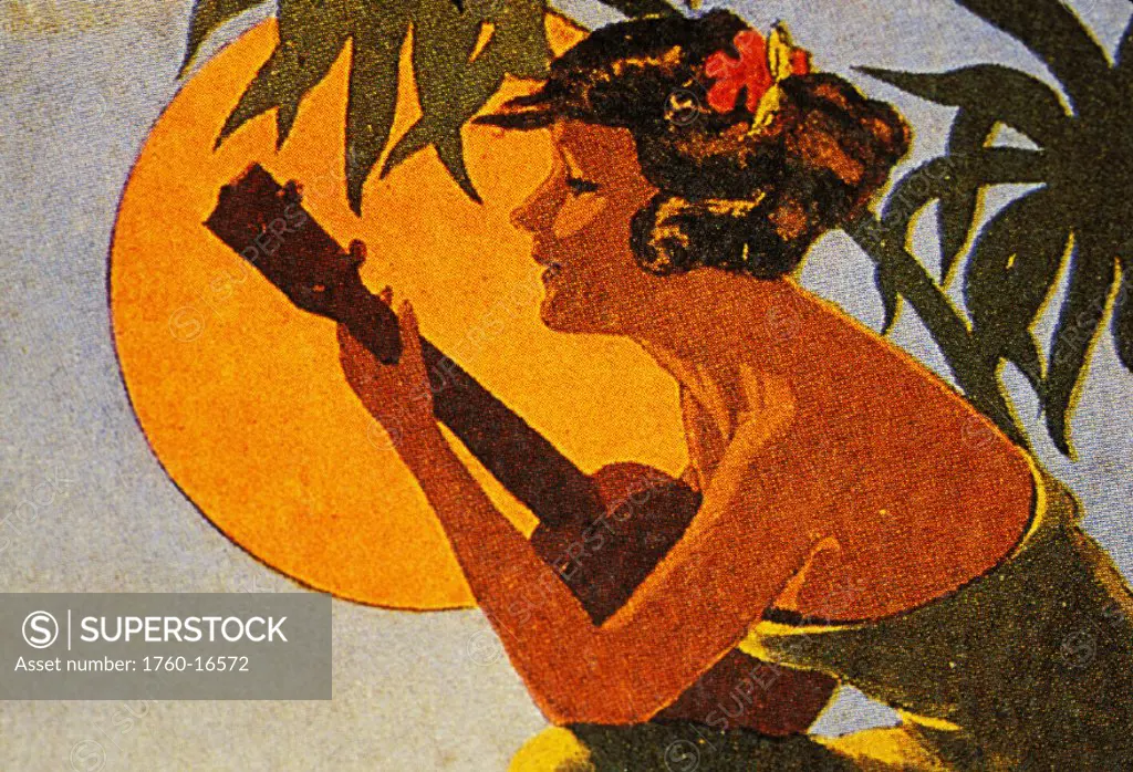 c.1925 Sheet Music, Hawaiian hula girl playing ukulele in front of big sunball
