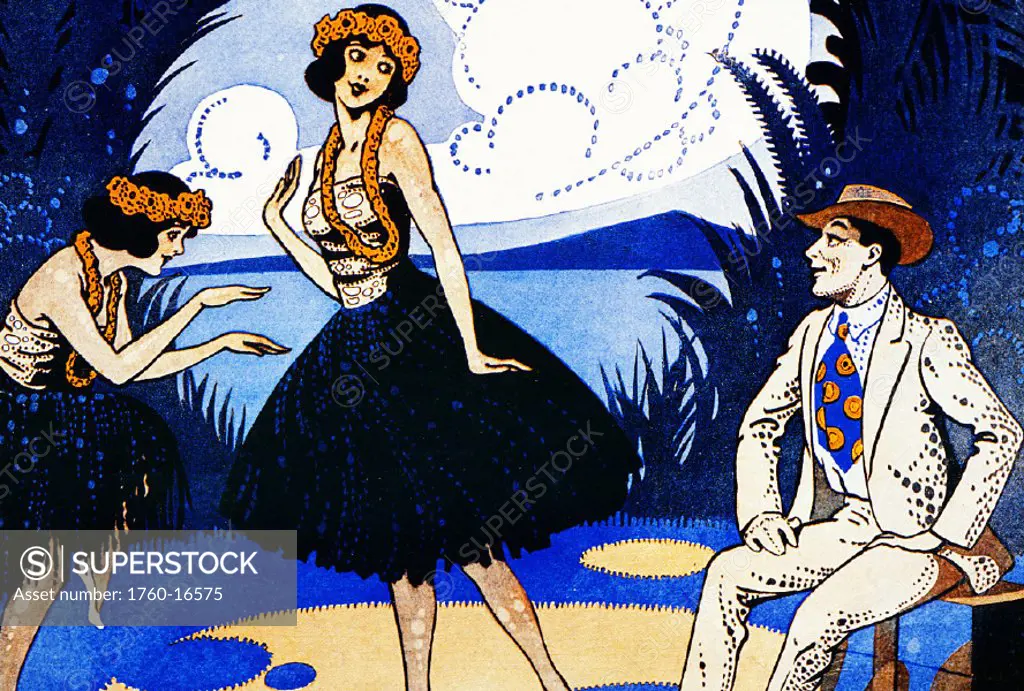 c.1910 Sheet Music, Hula girls dancing for a man in a suit.