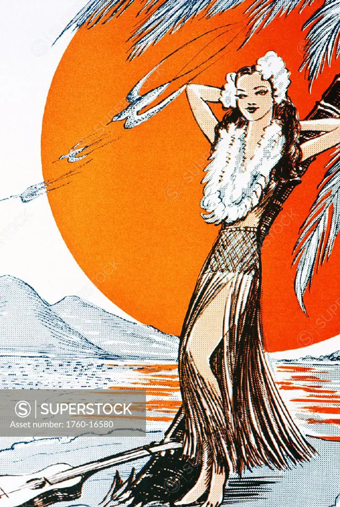 c.1940 Sheet Music,  Hula girl standing on tropical beach.
