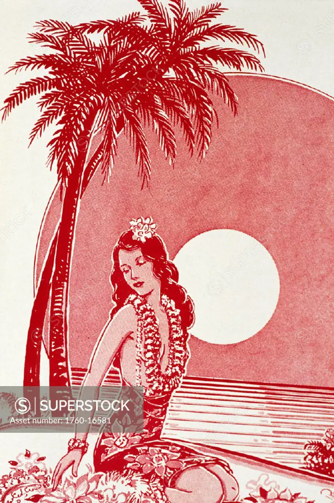 c.1938 Sheet Music,  Hula girl sitting on tropical beach.