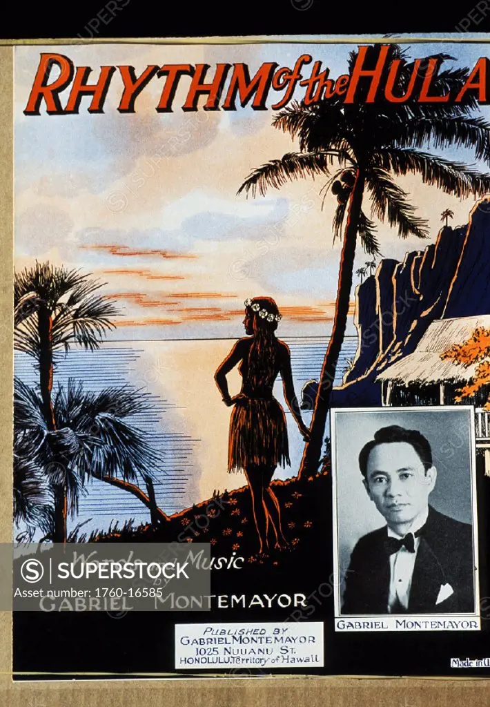 c.1930 Sheet Music, Rhythm of the Hula, Hula girl standing on tropical beach, musician photo in foreground