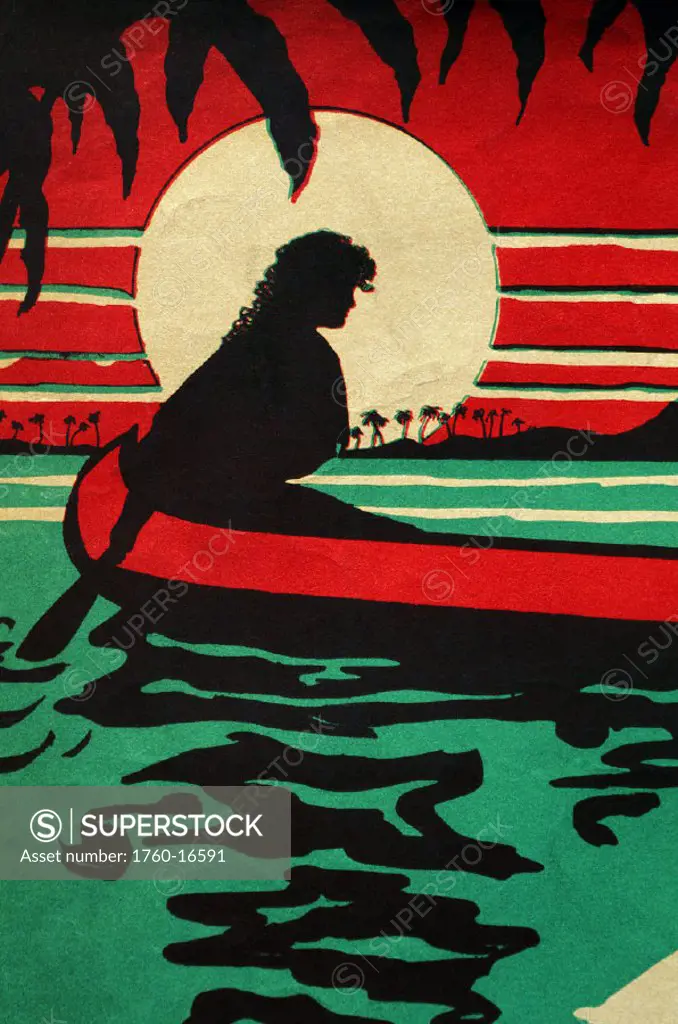 c.1910 Sheet Music, Graphical image of a Hawaiian in a canoe, Large sunball behind