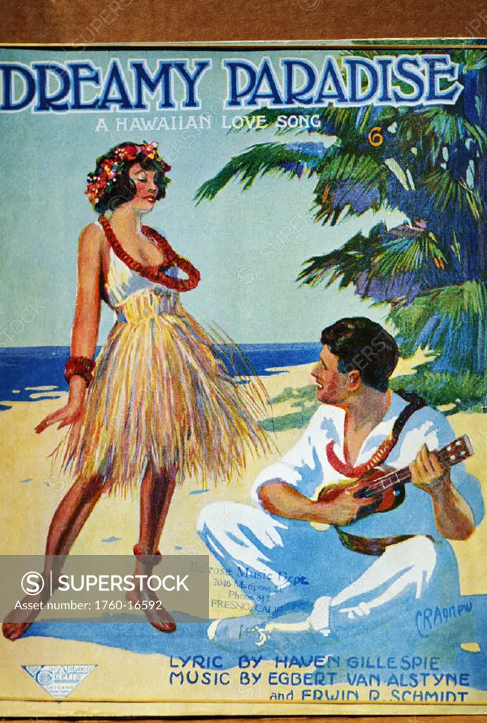 c.1920 Sheet Music, Dreamy Paradise, Hula girl dancing on the beach, man playing ukulele beside her.