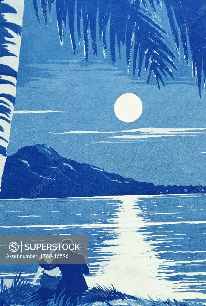 c.1915 Sheet Music, Hawaii, Couple cuddle beneath full moon on the beach.