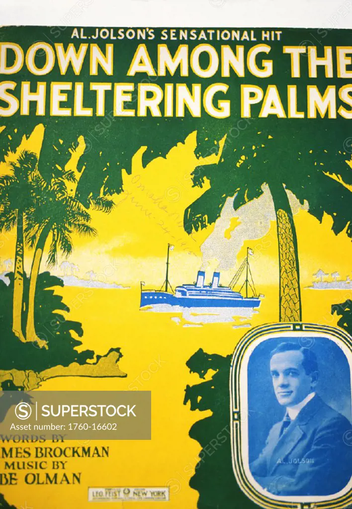 c.1920 Sheet Music, Down AMong the Sheltering Palms, Portrait of artist, Hawaiian scene behind.