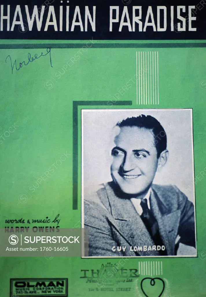 c.1930 Sheet Music, Hawaiian Paradise, Musician photograph on green album cover