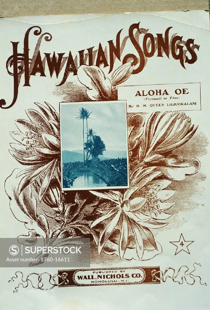 c.1930 Sheet Music, Hawaiian Songs, Aloha Oe, Plants and flowers on album cover