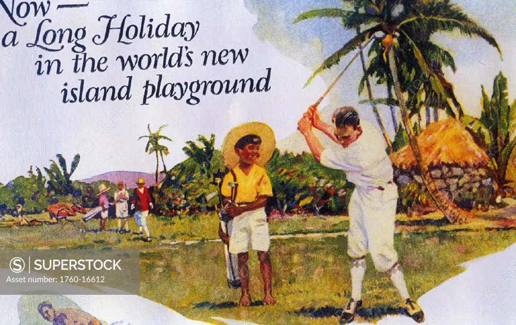 c.1925 Art/Advertising, Hawaii Tourist Bureau, Golfer in midswing on tropical course
