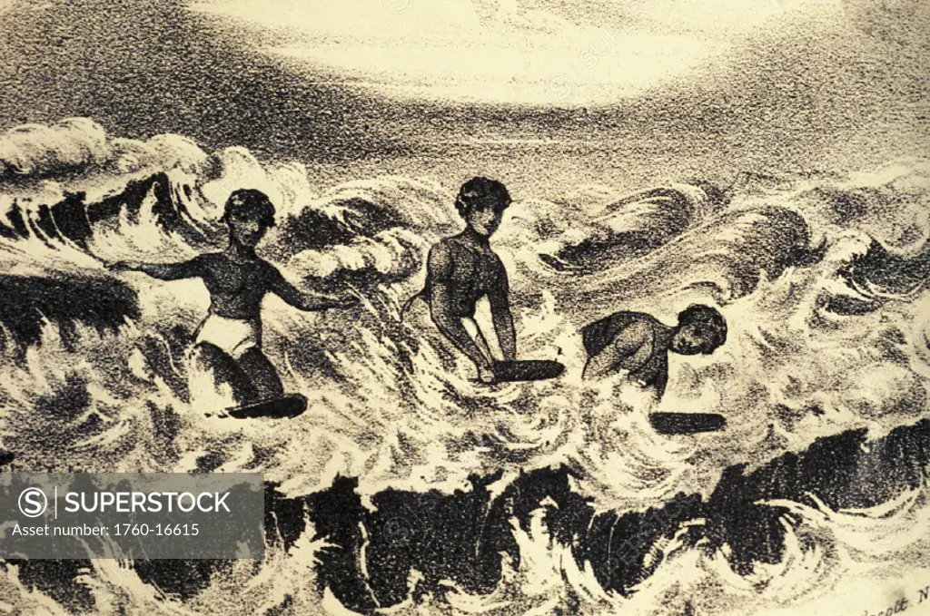 c.1840 Art/Book Illustration, Sandwich Islanders playng in the surf, Frances Olmstead