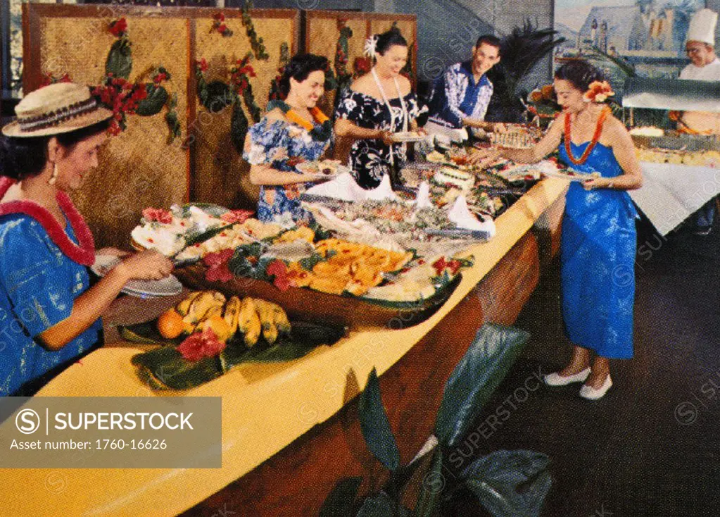 c.1965 Postcard, Traditional Hawaiian feast at the Kona Inn Buffet