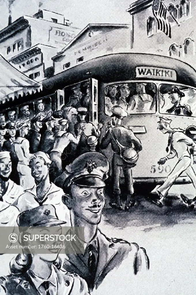 c.1943 illustration, Hawaii, Oahu, Honolulu, Military servicemen on leave