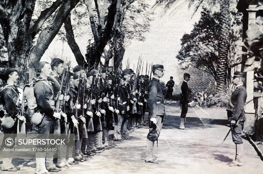 c.1893 Black and white photograph, end of Hawaiian monarchy, US marines at Washington Place