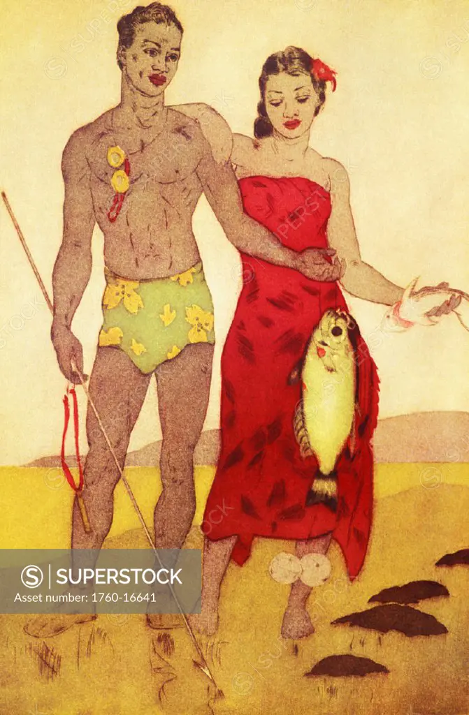 Archival illustration, Native Hawaiian man and woman stand together holding freshly caught fish