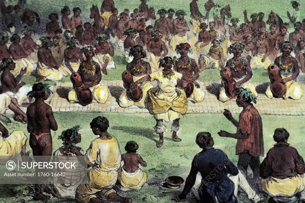 c.1840 Art/Book illustration, Natives of the Sandwich Islands gather around dancers