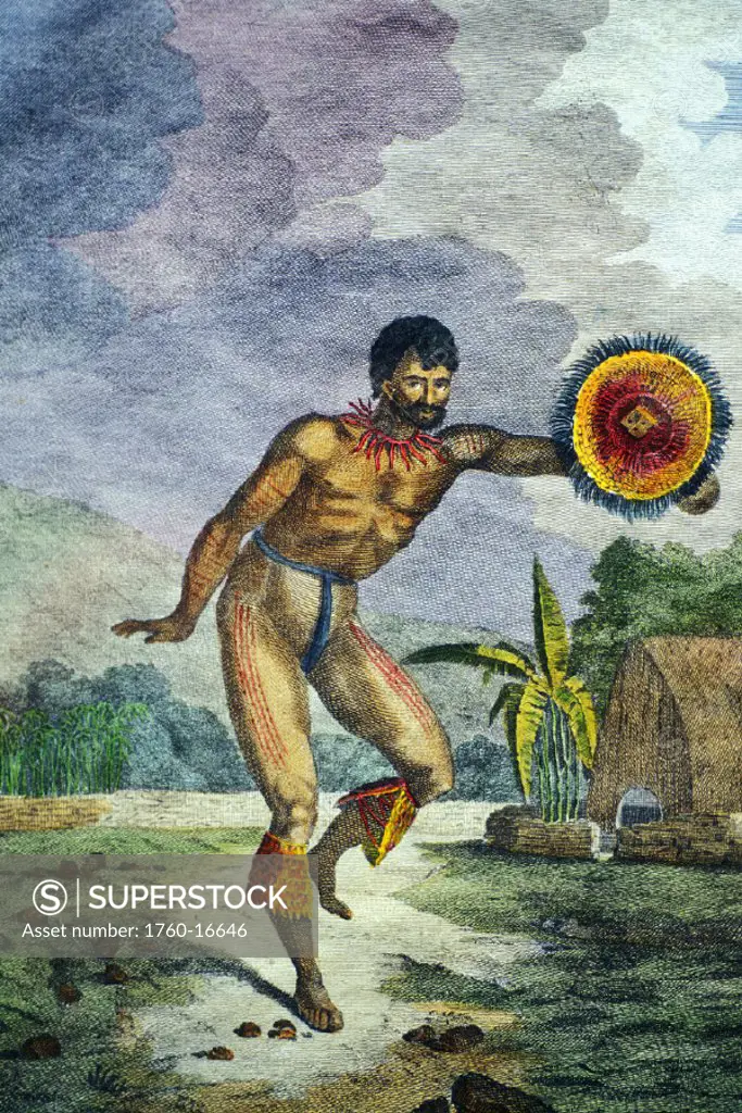 c.1785 Art/illustration, Man of the Sandwich Islands dancing with uliuli