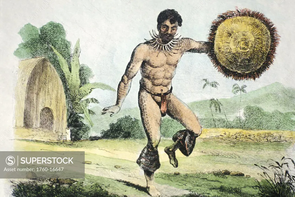 c.1850 Art/illustration, Man of the Sandwich Islands dancing with uliuli