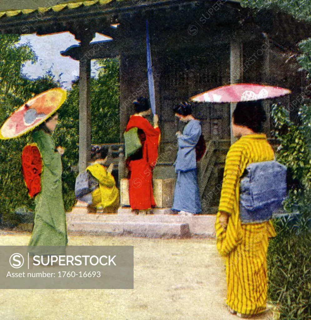 Japan Vintage, women gather outside a shrine to pray