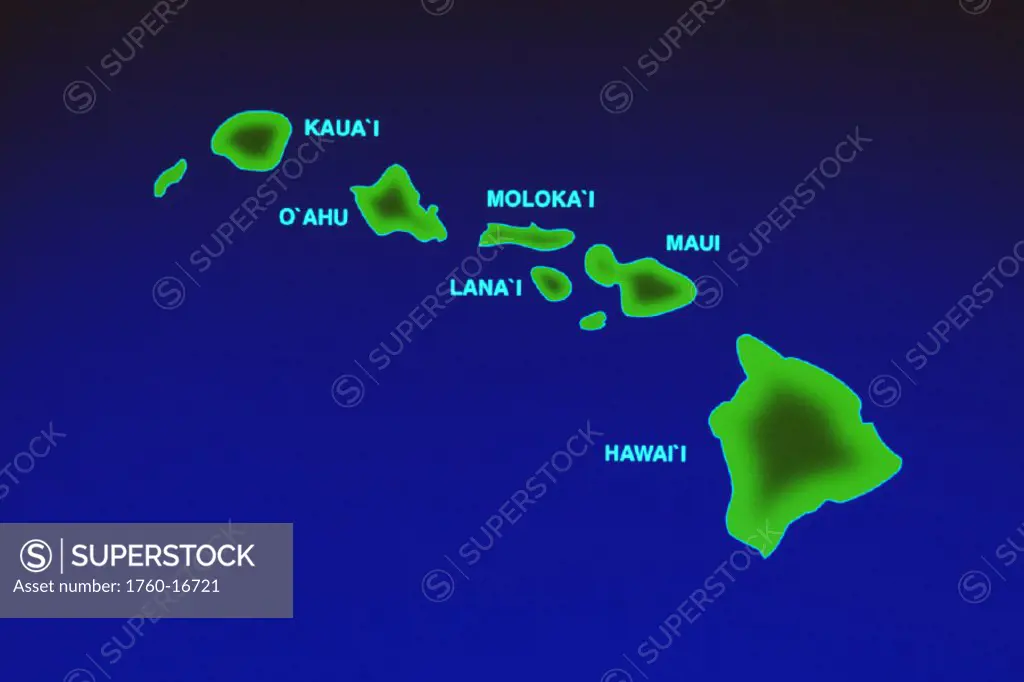 Two dimensional map of the state of Hawaii, individual islands labeled.