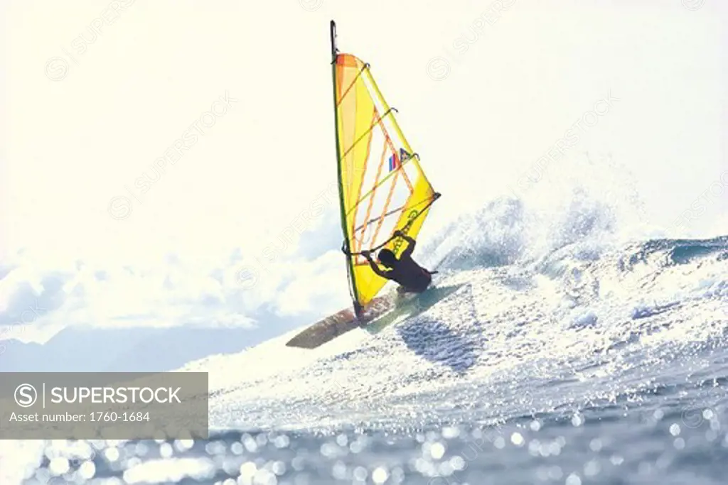 Maui, Hookipa, Pete Cabrinha windsurfing @ sunrise silver ocean & white sky C1426