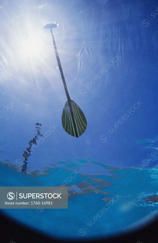 Underwater view of paddle floating on surface of water, sunburst shining through ocean water.