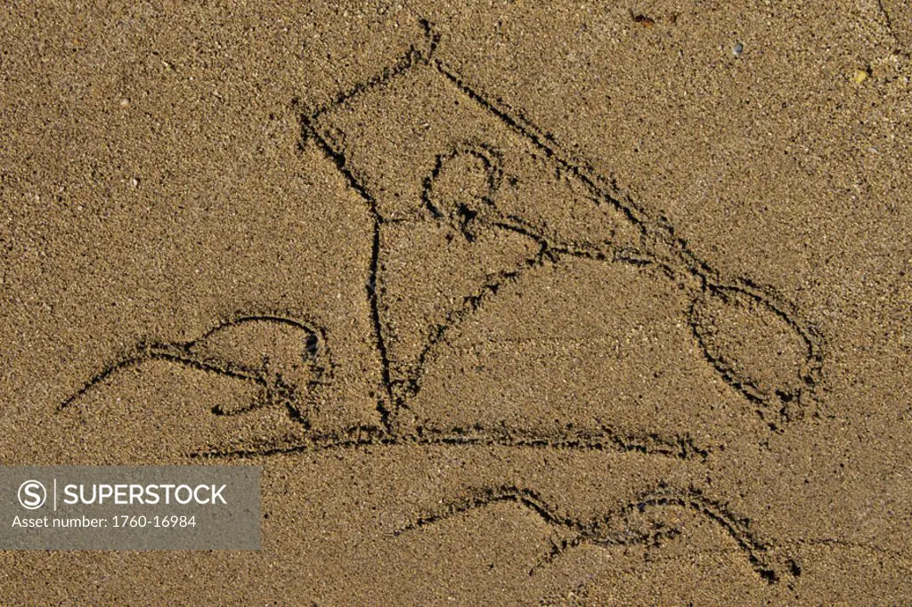 Drawing in sand, tribal sketch of person paddling in ocean.