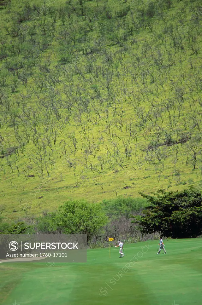 Hawaii, Oahu, Makaha Resort, West Golf Course, two golfers on green