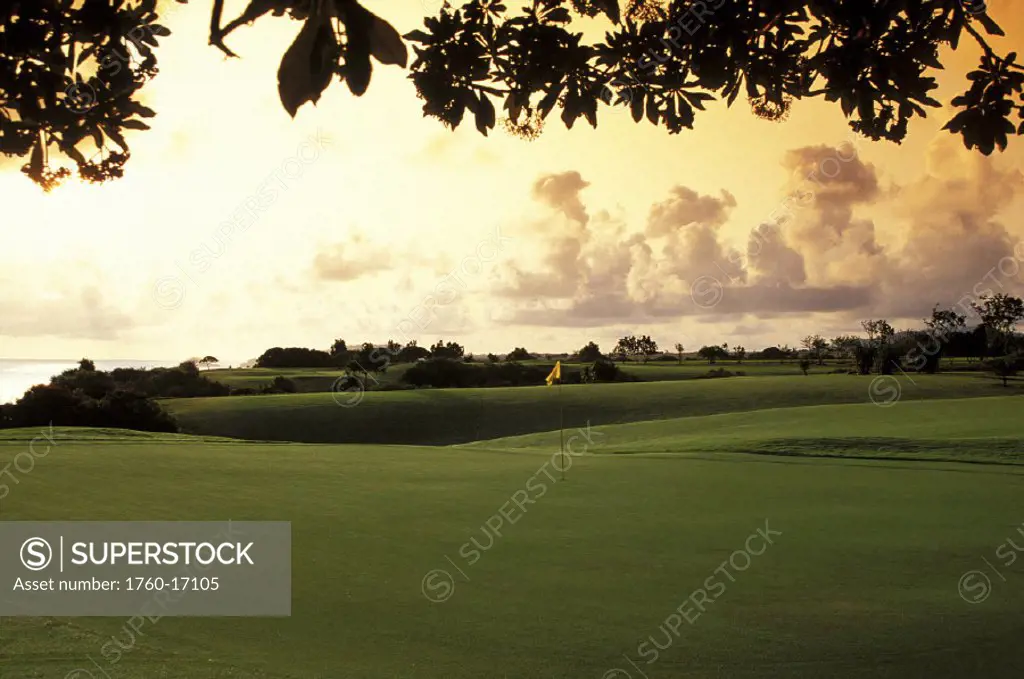 Hawaii, Kauai, Princeville Resort, Lake Golf Course, 5th Hole, flag in green, pink skies