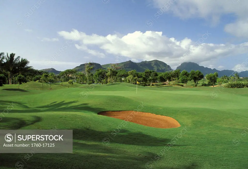 Hawaii, Kauai, Lihue, Kauai Lagoons Resort, Kiele Golf Course, sand trap, shadows, palms
