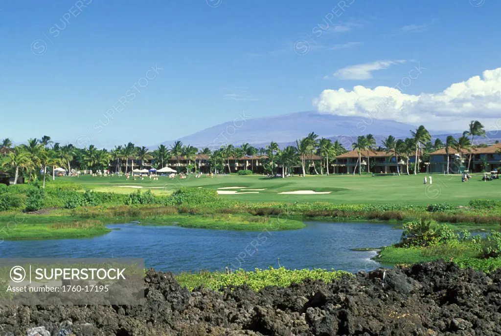 Hawaii, Big Island, Four Seasons Resort Golf Course 18th hole view from across water hazard Hawaii MasterCard Championship