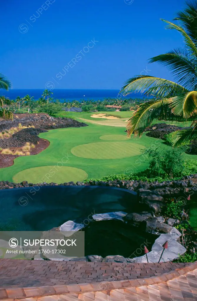 Hawaii, Big Island, Kona Coast, Kukio Resort Golf Course, Overview of the patting greens.