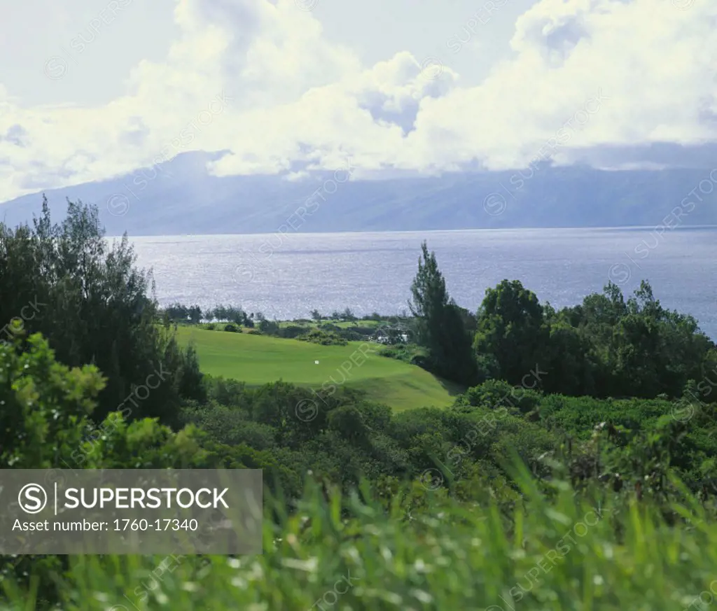 Hawaii, Maui, Kapalua Golf Club, Plantation Course, hole#6, green across gulch, ocean