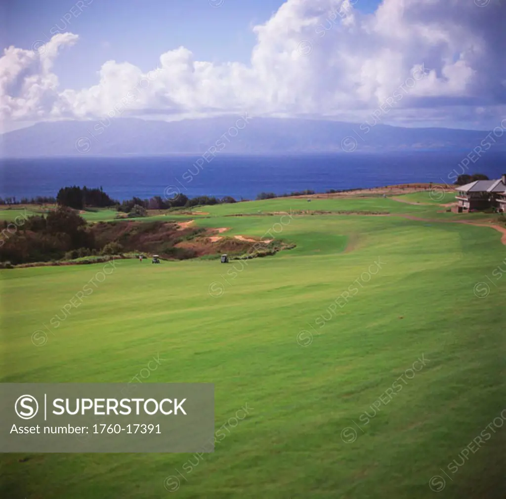 Hawaii, Maui, Kapalua Golf Course, Plantaion Course, fairway along the ocean.