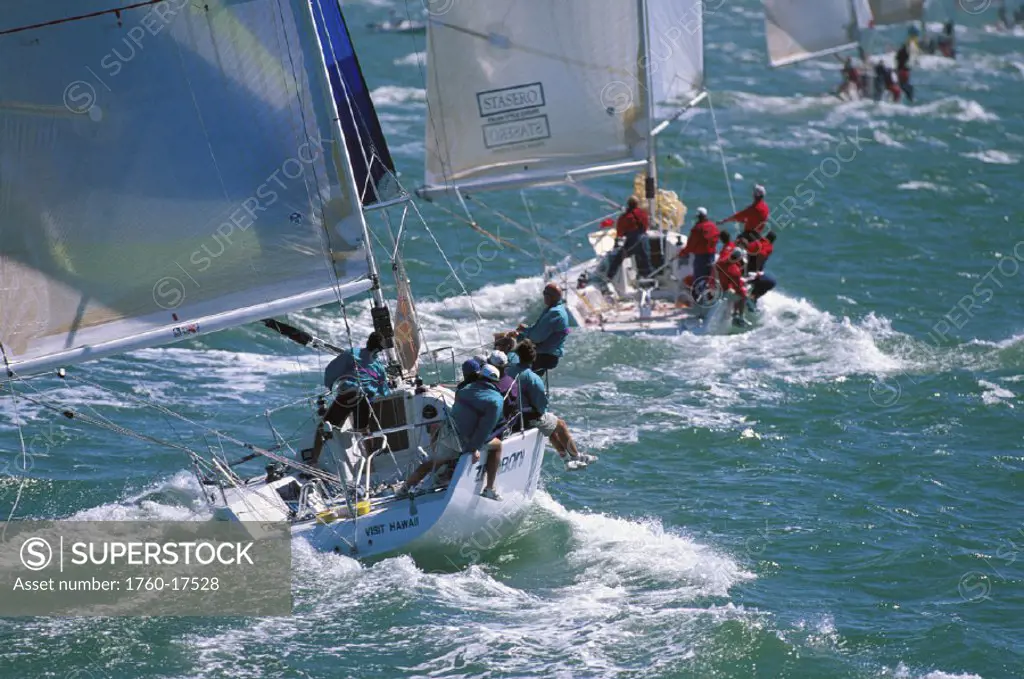 California, San Francisco, 96 Big Boat Race, Line of yachts, sail toward finish line