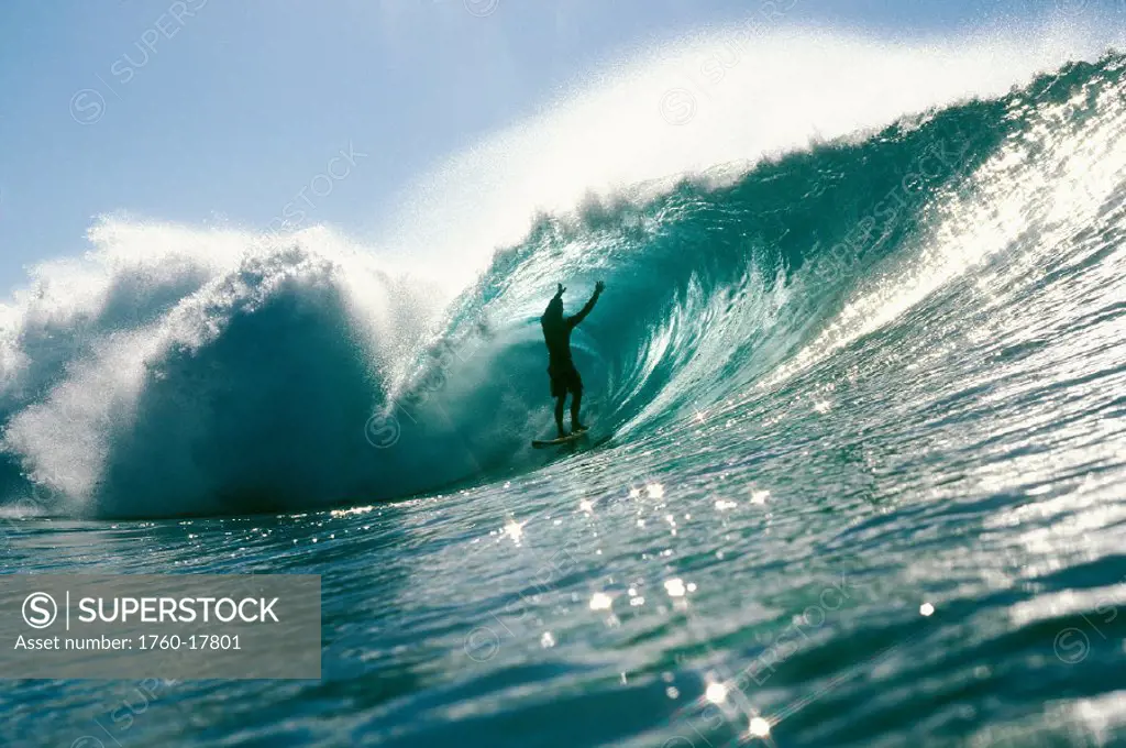 Hawaii, Oahu, North Shore, Pipeline, Shadow of surfer in pipeline wave