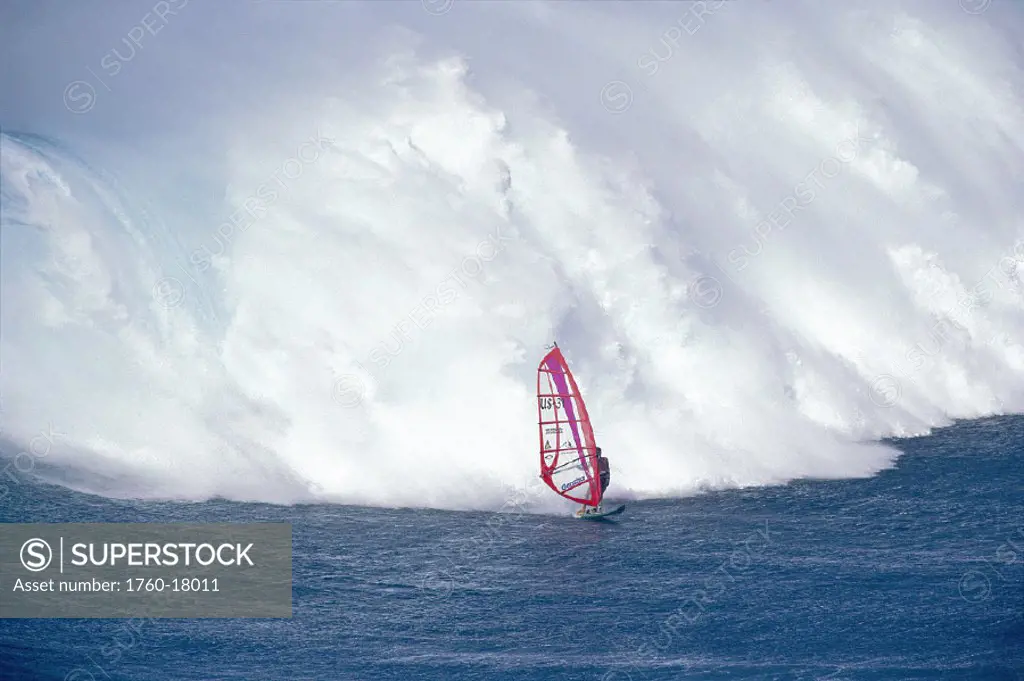Hawaii Maui Jaws, huge wave crashing behind a windsurfer D1246