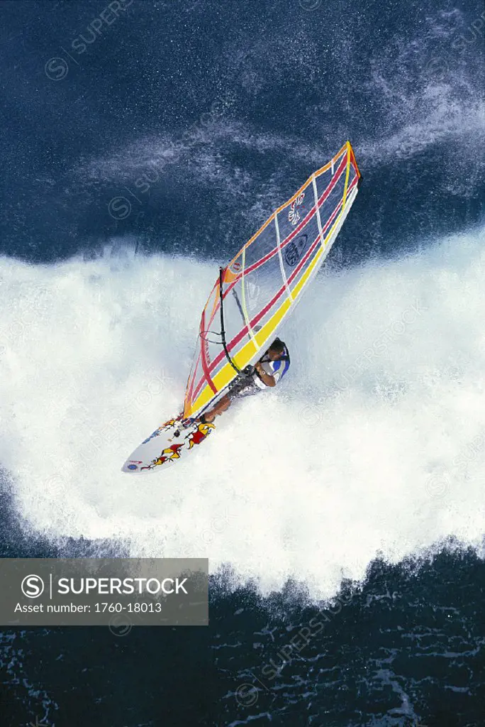 Hawaii Maui Hookipa overview of windsurfer riding wave whitewash D1220