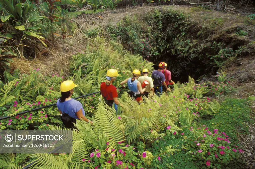 Hawaii, Maui, Hana, group hikers enter Ka´eleku Cavern lava tube system, back view lush tropical greenery