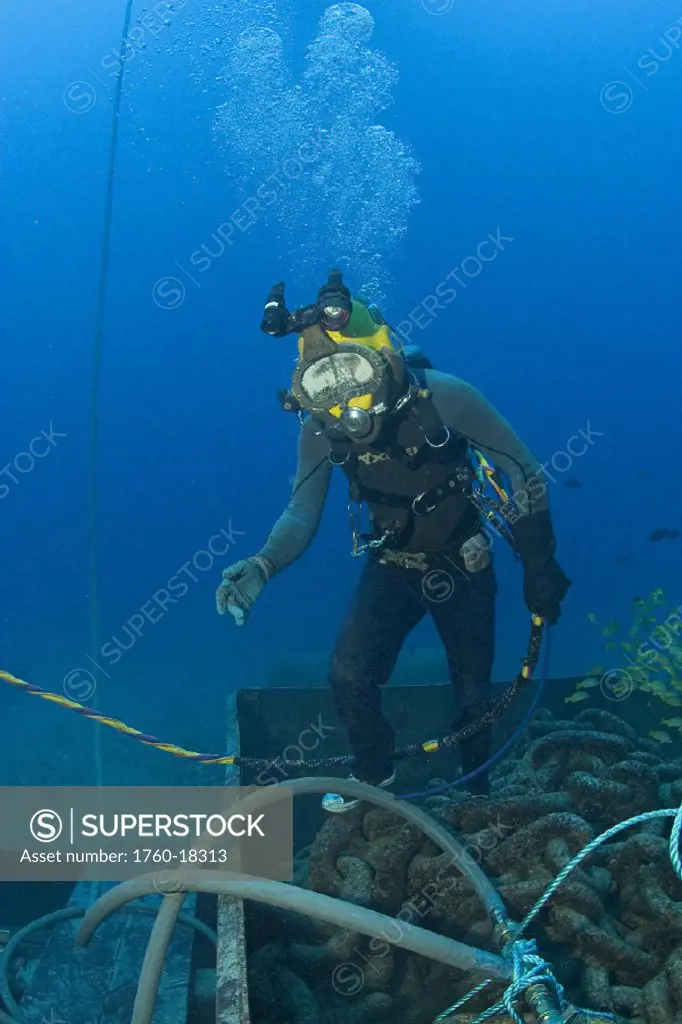 Hawaii, Oahu, A commercial hard hat diver underwater.