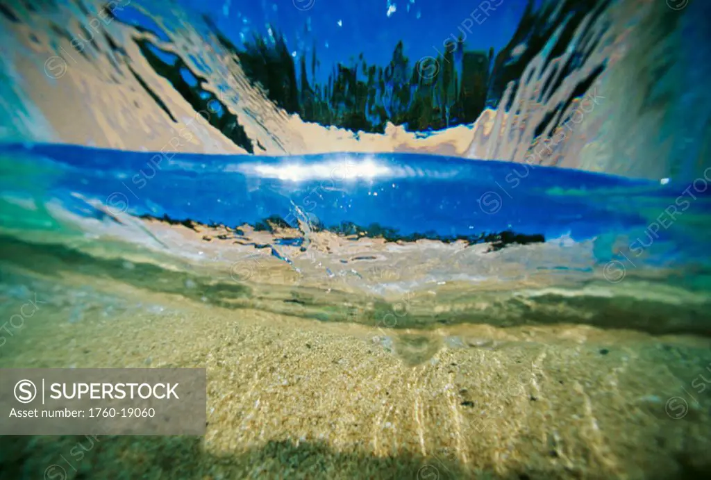 Hawaii, underwater breaking wave, sand, sky and trees visible through clear water