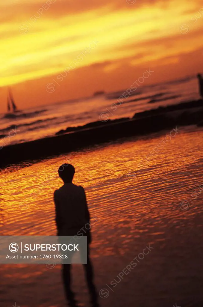 Hawaii, Oahu, Waikiki at sunset, Silhouetted person observing colorful sunset