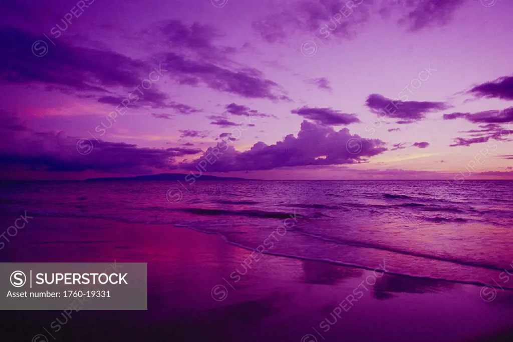 Sunset, purple sky, shoreline at Kamaole Beach, Kihei, Maui, HI