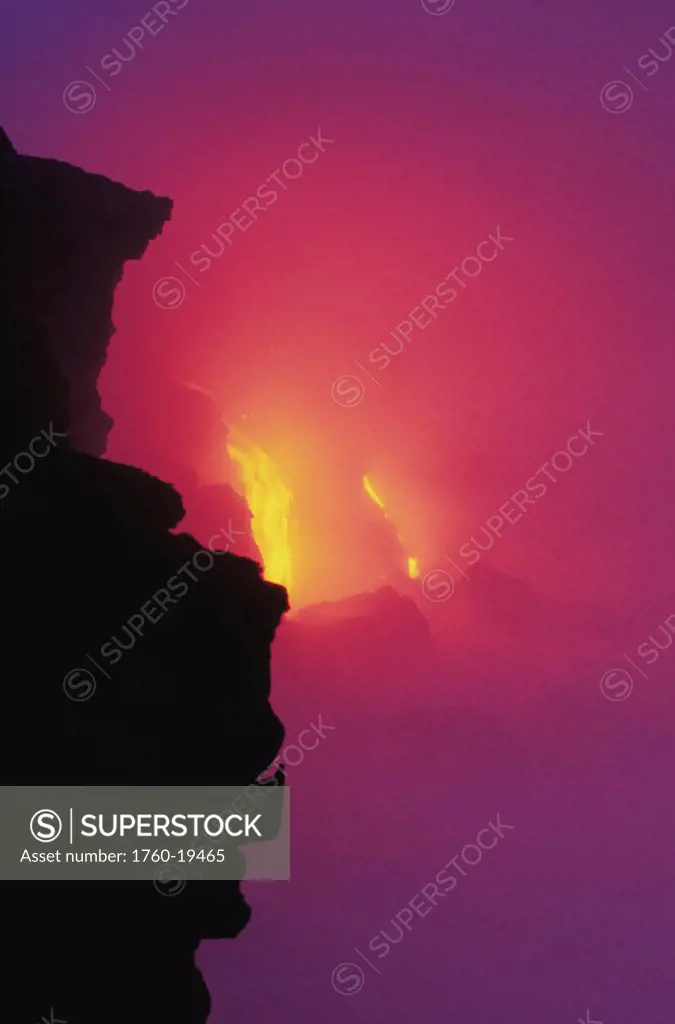 Hawaii, Big Island, Kilauea Volcano, Lava Meets the sea Pouring Lava