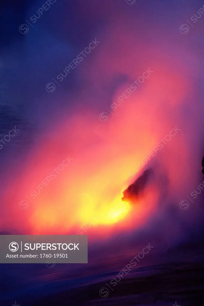BigIsle, Molten lava flows into Pacific Ocean, glowing yellow w/ pink smoke