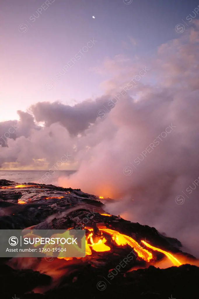 BigIsle, HVNP, Sunrise at  ocean front with lava flow, smoky skies