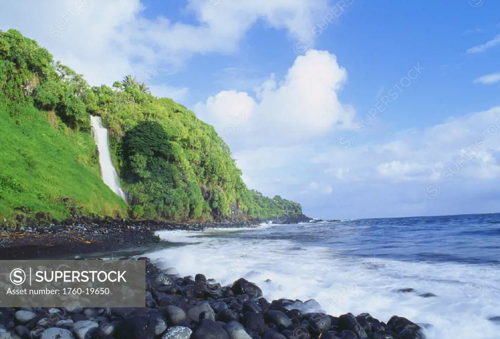 Hawaii, Maui, Hana, Pokupupu Point with waterfall going into ocean