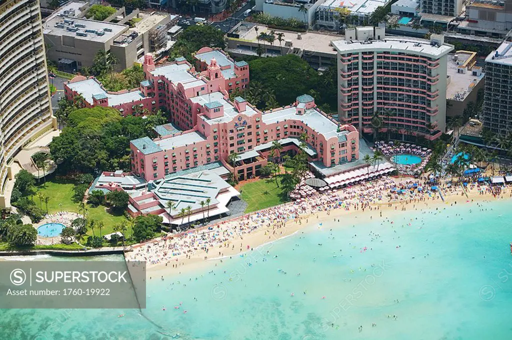 Hawaii, Oahu, Waikiki, Aerial of Sheraton Royal Hawaiian Hotel, crowded beach
