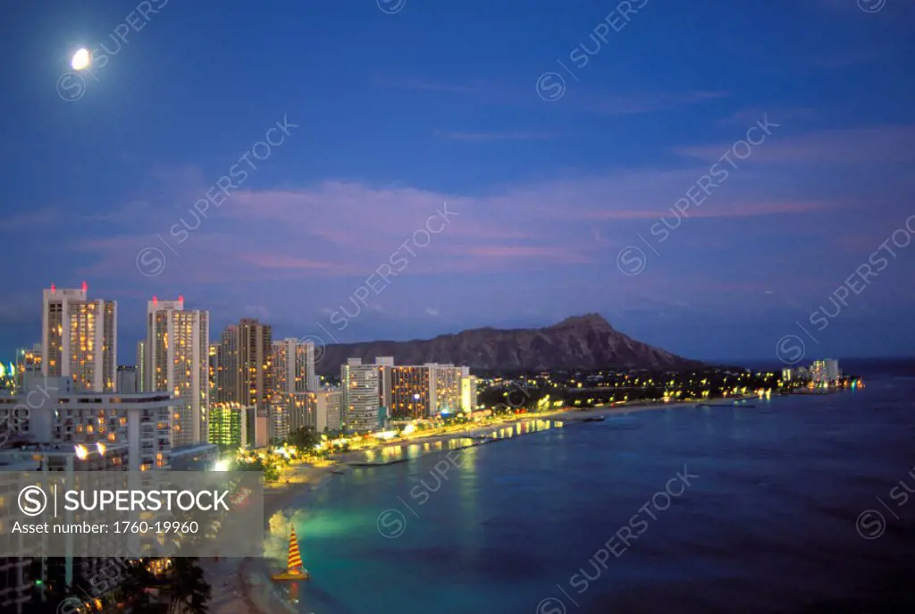 Hawaii, Oahu, Diamond Head, Waikiki beach, Moon City Lights, skyline at night along coast