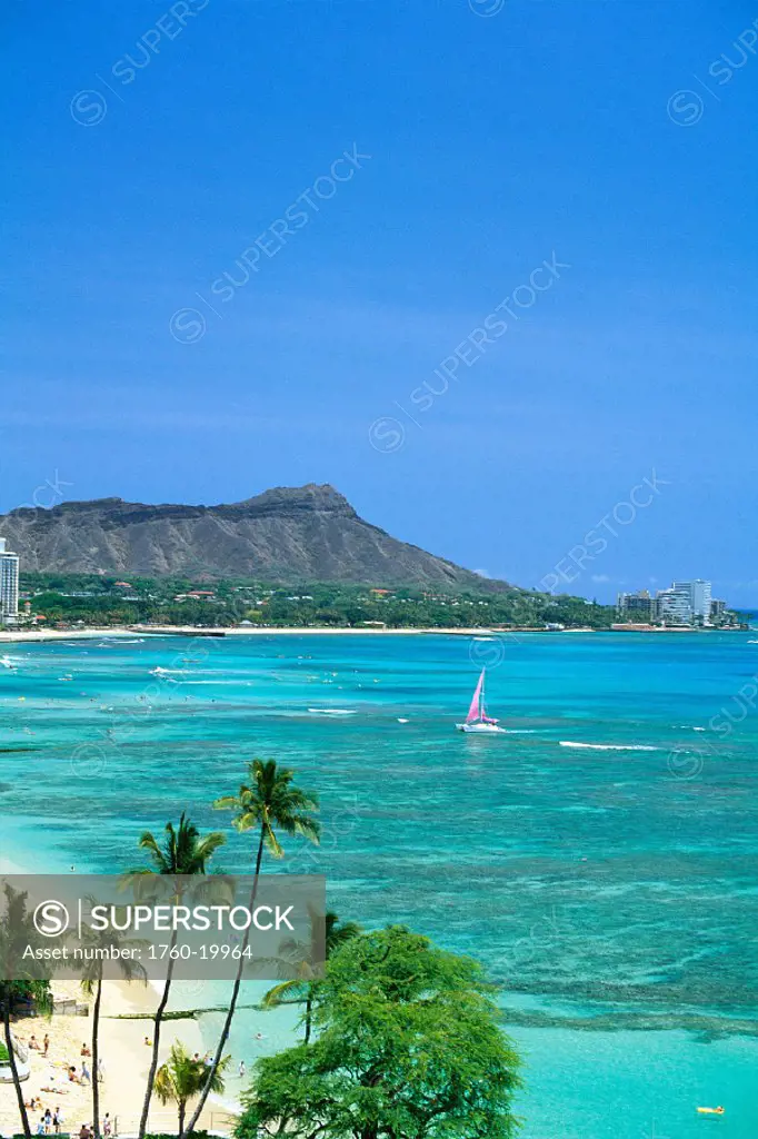 Hawaii, Oahu, Diamond Head, Waikiki Beach, pink sailboat
