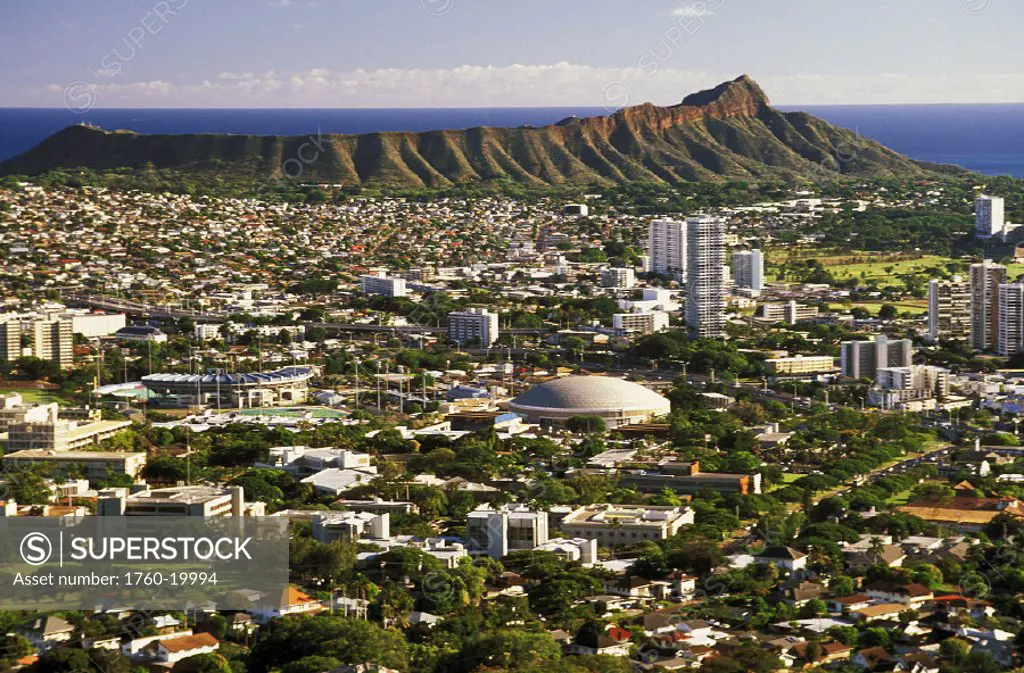 Hawaii, Oahu, Diamond Head in distance, UH Manoa campus and Honolulu aerial.